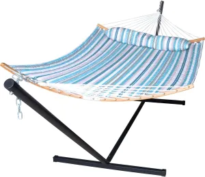 2 Person Double Hammock with 12 Foot Portable Steel Stand and Curved Bamboo Spreader Bars, Detachable Pillow, Quilted Fabric Bed, Blue & White Stripe