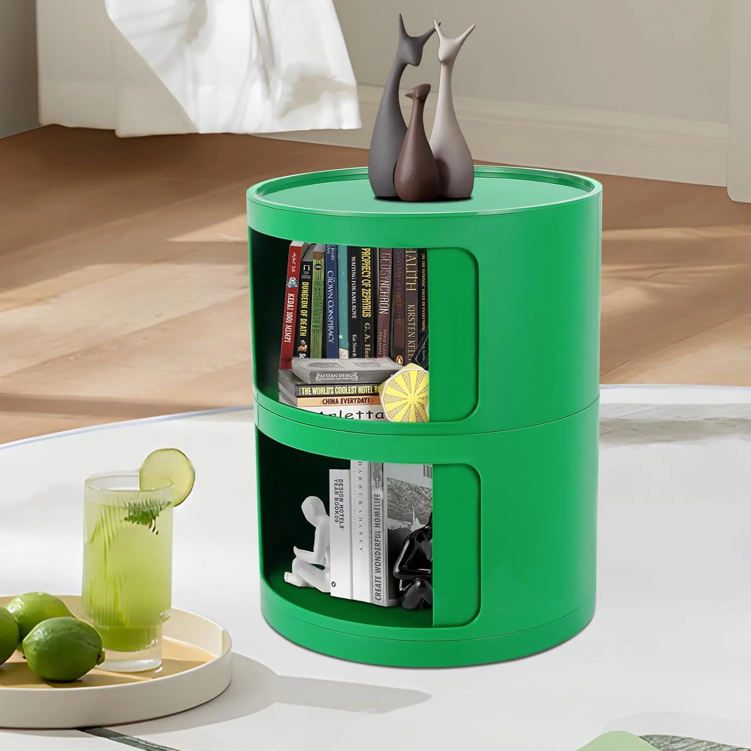 2 Tier Rounded Cabinet, Round Nightstand Detachable End Table with Storage Lightweight Side Table, Round End Table with Storage for Living Room Bedroom Bathroom Kitchen (Green)
