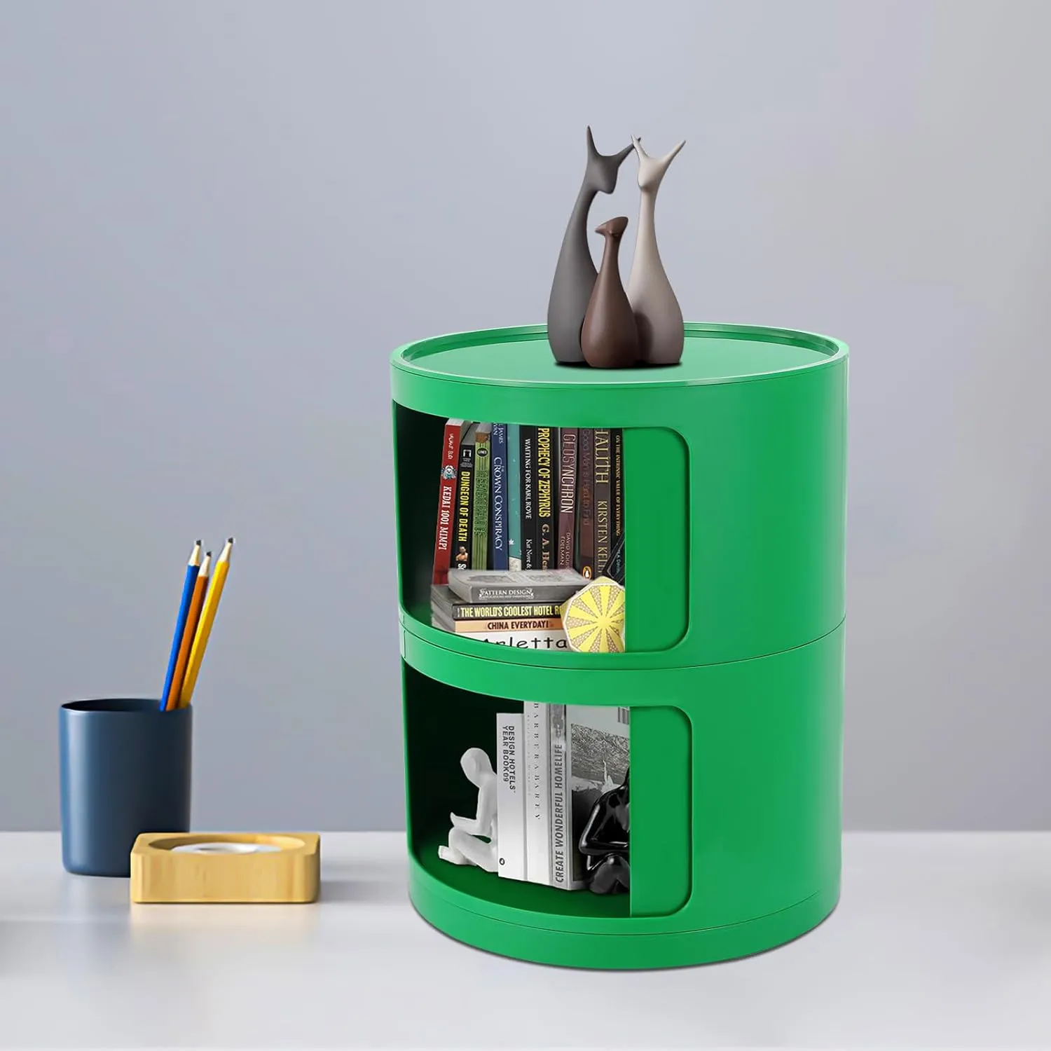 2 Tier Rounded Cabinet, Round Nightstand Detachable End Table with Storage Lightweight Side Table, Round End Table with Storage for Living Room Bedroom Bathroom Kitchen (Green)