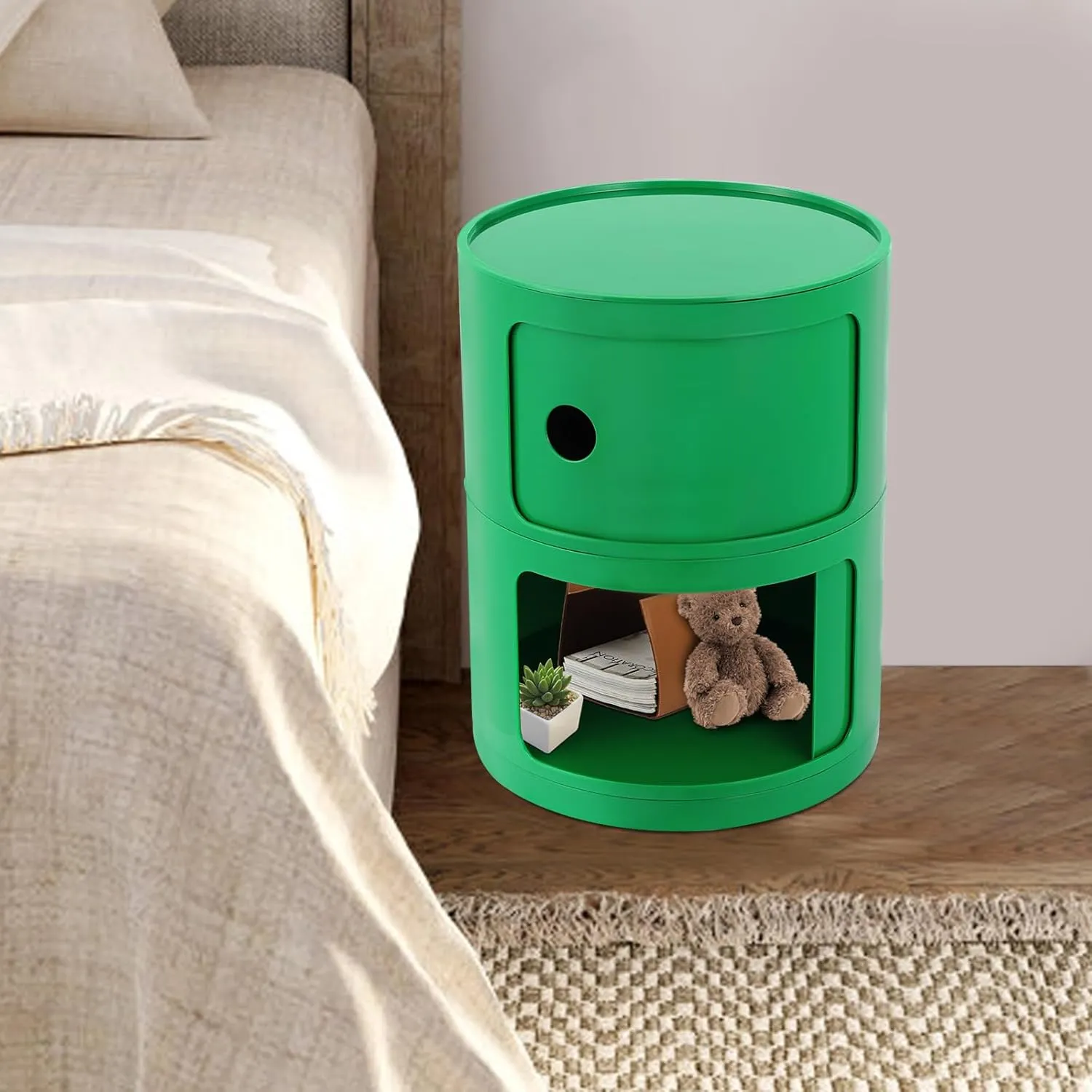 2 Tier Rounded Cabinet, Round Nightstand Detachable End Table with Storage Lightweight Side Table, Round End Table with Storage for Living Room Bedroom Bathroom Kitchen (Green)