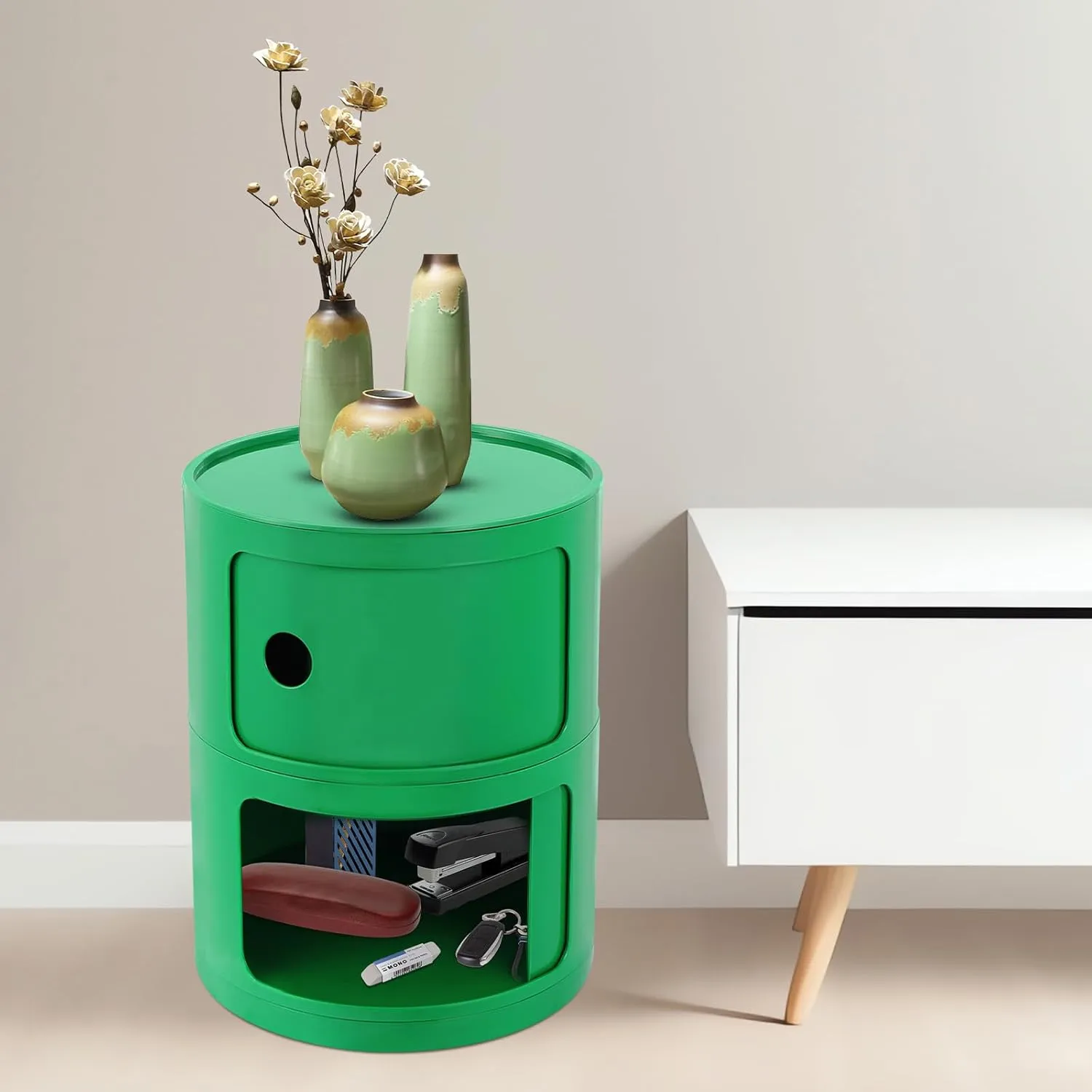2 Tier Rounded Cabinet, Round Nightstand Detachable End Table with Storage Lightweight Side Table, Round End Table with Storage for Living Room Bedroom Bathroom Kitchen (Green)