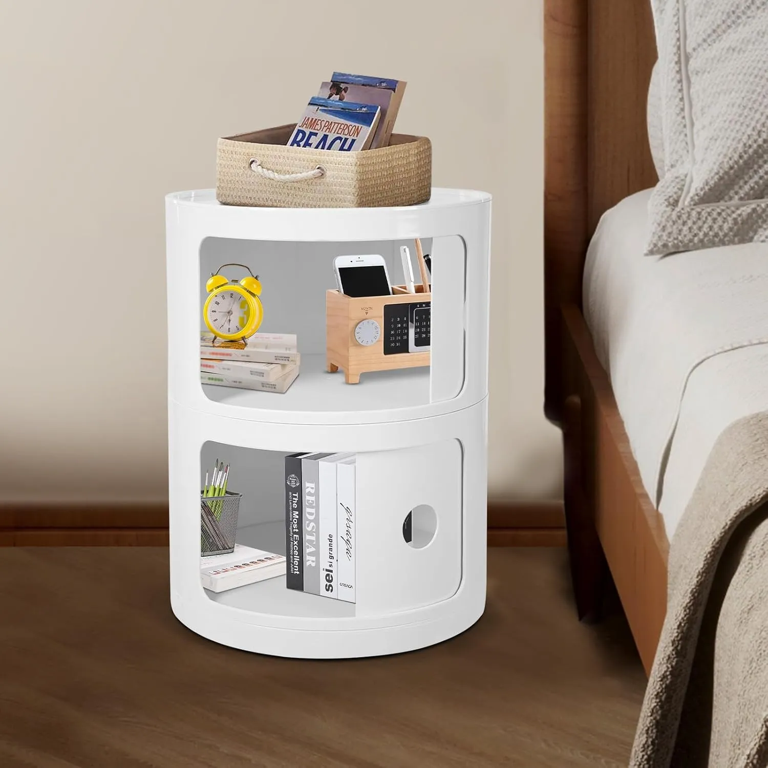 2 Tier Rounded Cabinet, Round Nightstand Detachable End Table with Storage Lightweight Side Table, Round End Table with Storage for Living Room Bedroom Bathroom Kitchen (White)