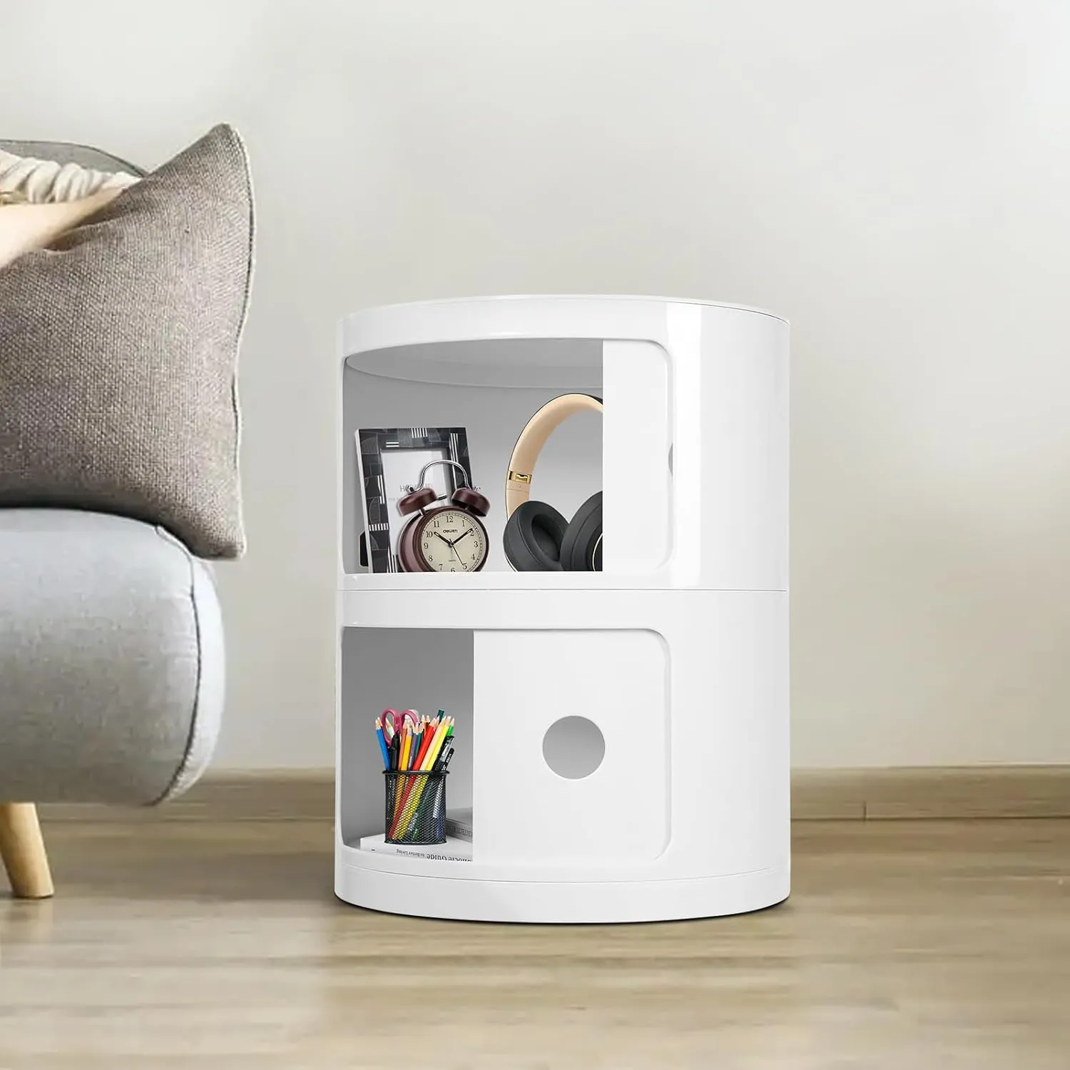 2 Tier Rounded Cabinet, Round Nightstand Detachable End Table with Storage Lightweight Side Table, Round End Table with Storage for Living Room Bedroom Bathroom Kitchen (White)