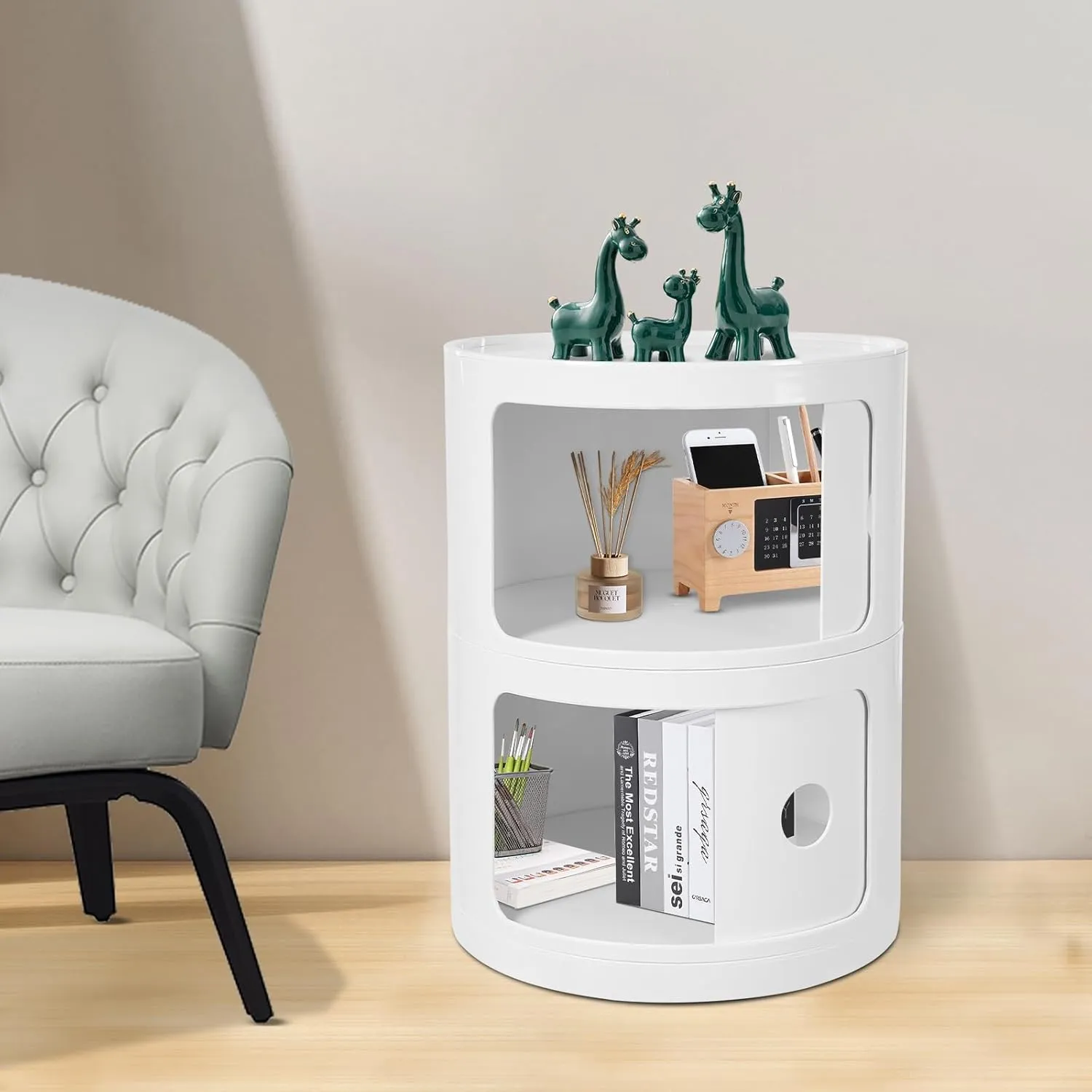2 Tier Rounded Cabinet, Round Nightstand Detachable End Table with Storage Lightweight Side Table, Round End Table with Storage for Living Room Bedroom Bathroom Kitchen (White)