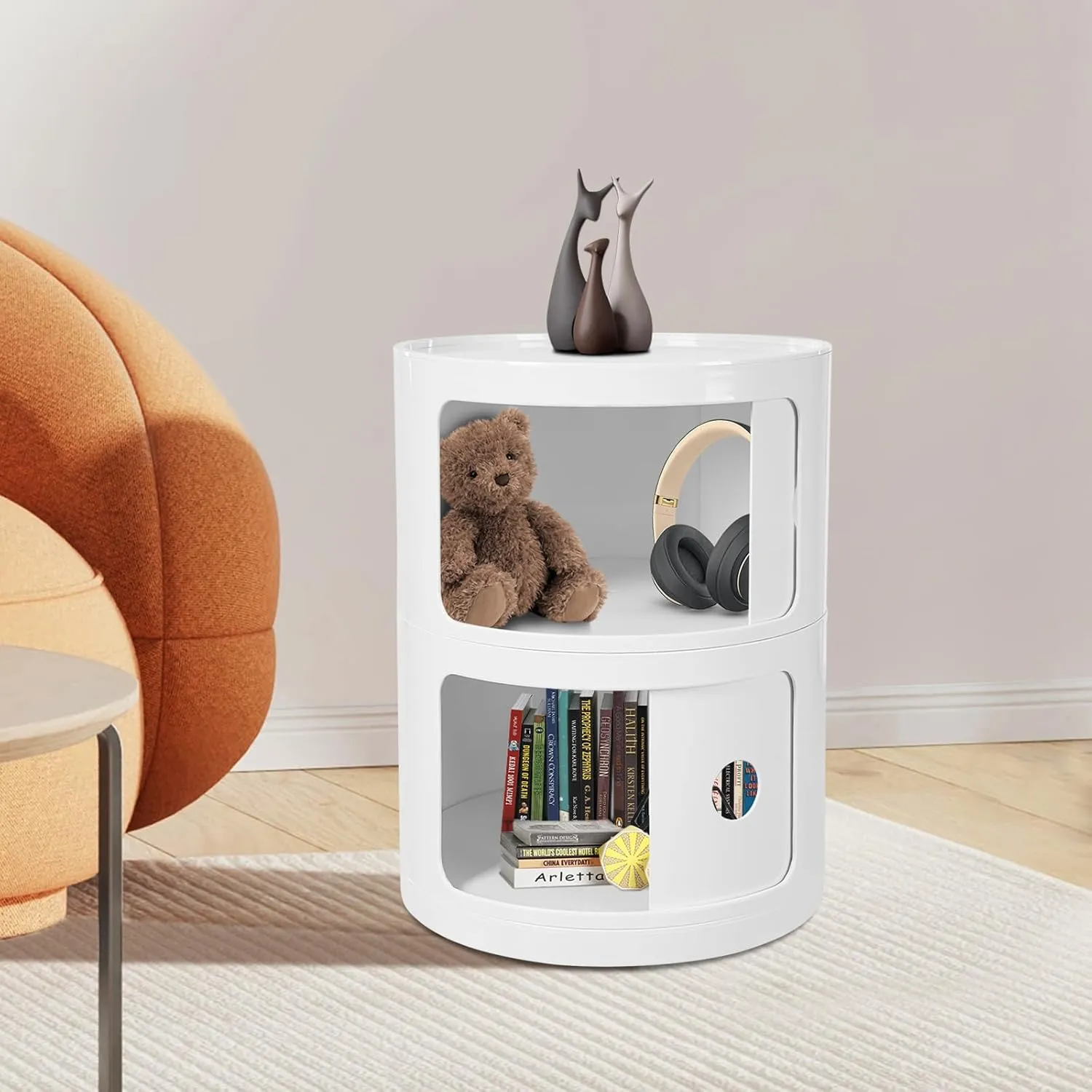 2 Tier Rounded Cabinet, Round Nightstand Detachable End Table with Storage Lightweight Side Table, Round End Table with Storage for Living Room Bedroom Bathroom Kitchen (White)