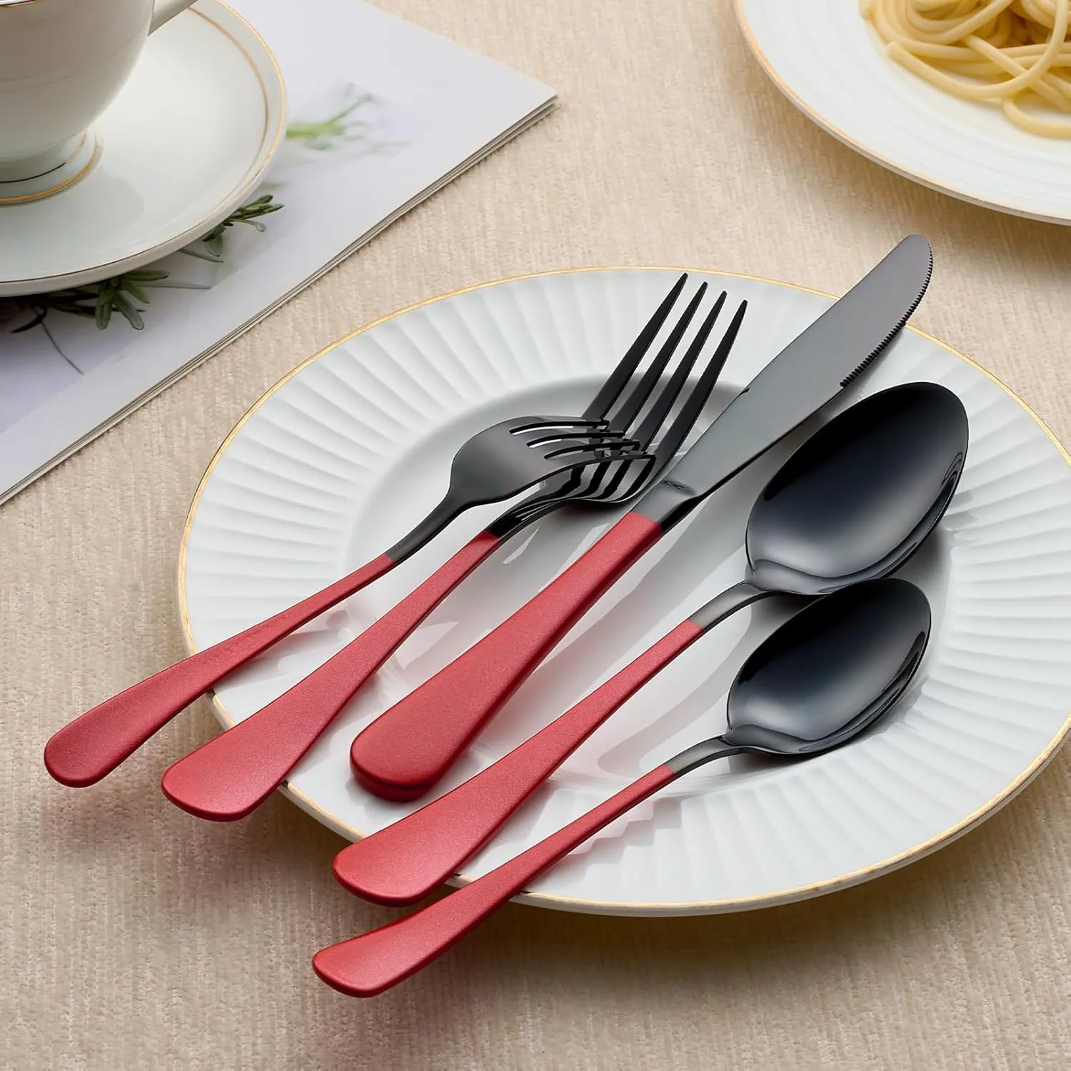 20-Piece Black and Purple Stainless Steel Flatware Set - 4 Dinner Knives, Forks, Spoons, Salad / Dessert Teaspoons - Dishwasher Safe