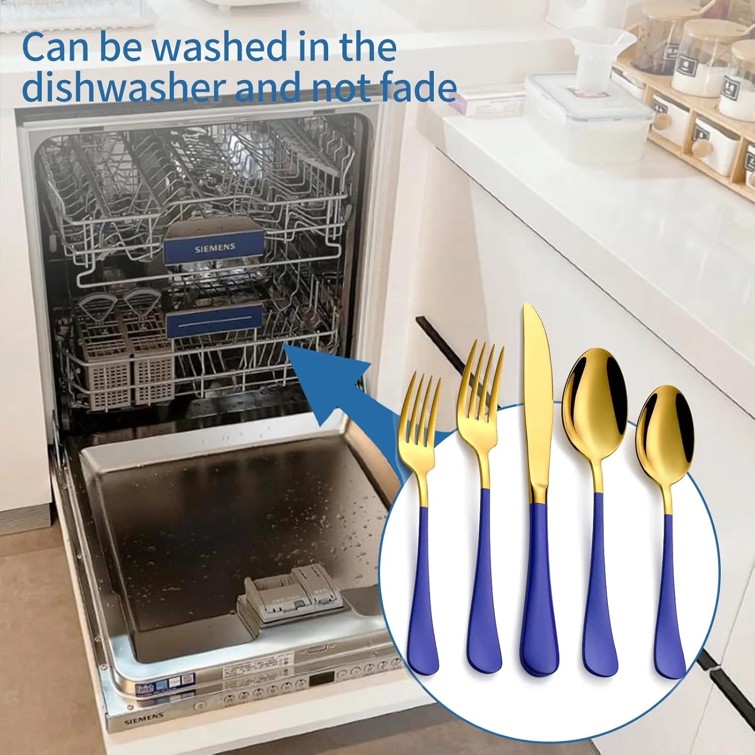 20-Piece Blue & Gold Silverware Set, 18/0 Stainless Steel Colorful Handle Flatware Set,Service for 4,Modern Cutlery Set Includes Dinner Knives Forks Spoons,Mirror Polished,Dishwasher Safe