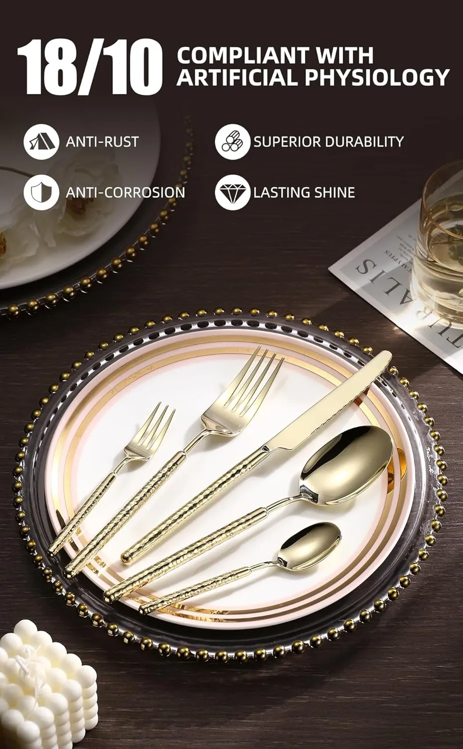 20-Piece Silverware Set, Stainless Steel Flatware Set for 4, Modern Hammered Utensil Tableware Set Include Dinner Knife/Fork/Spoon, Mirror Finish, Dishwasher Safe (10, champagne gold)