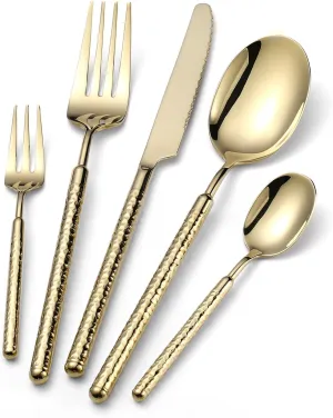 20-Piece Silverware Set, Stainless Steel Flatware Set for 4, Modern Hammered Utensil Tableware Set Include Dinner Knife/Fork/Spoon, Mirror Finish, Dishwasher Safe (10, champagne gold)