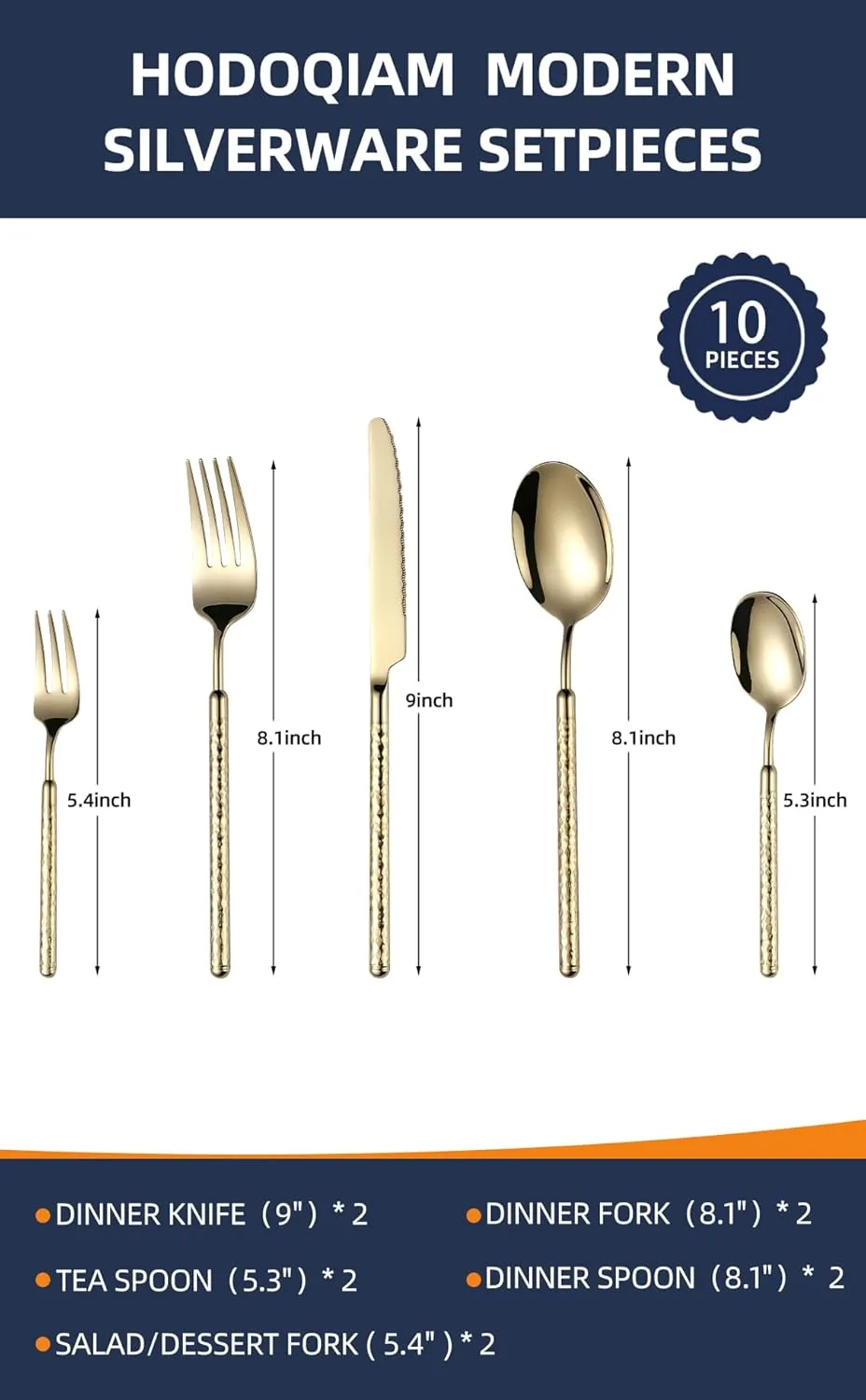 20-Piece Silverware Set, Stainless Steel Flatware Set for 4, Modern Hammered Utensil Tableware Set Include Dinner Knife/Fork/Spoon, Mirror Finish, Dishwasher Safe (10, champagne gold)