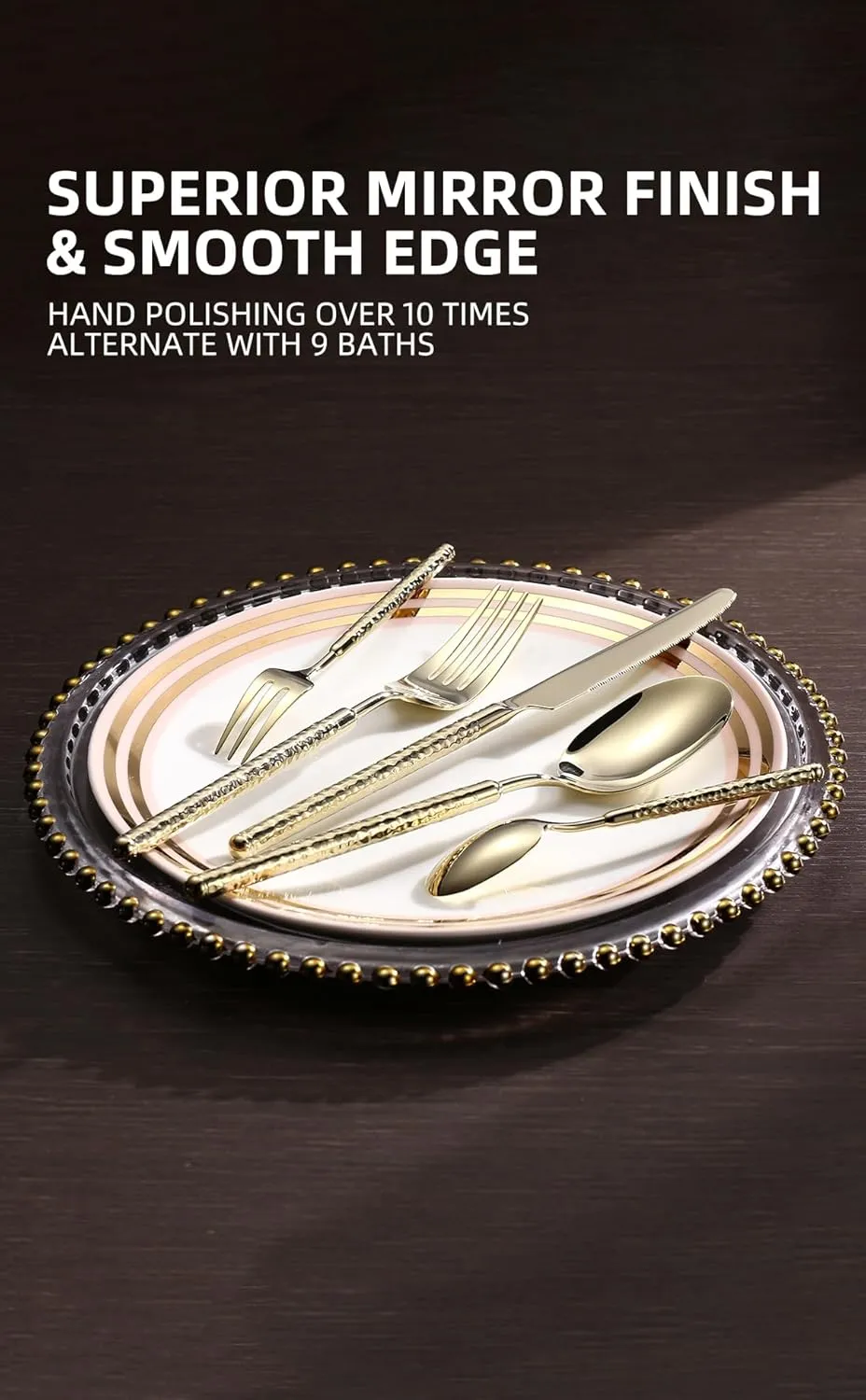 20-Piece Silverware Set, Stainless Steel Flatware Set for 4, Modern Hammered Utensil Tableware Set Include Dinner Knife/Fork/Spoon, Mirror Finish, Dishwasher Safe (10, champagne gold)