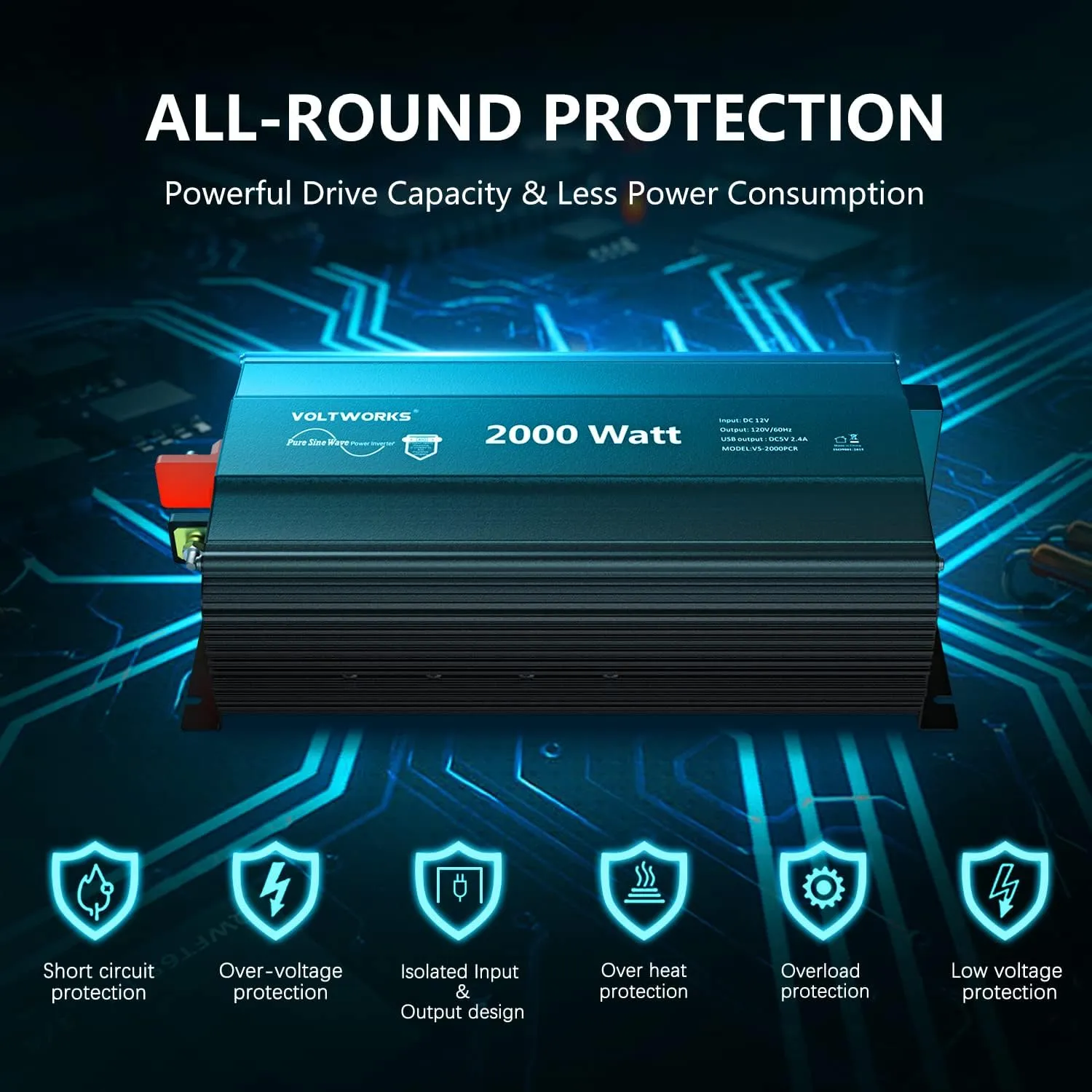2000 Watt Pure Sine Wave Power Inverter 12V DC to 110V 120V AC with UL Approved Fuses and 20A AC Hardwire Terminal Compatible with Lithium Battery for Home RV Truck Off-Grid Solar by VOLTWORKS