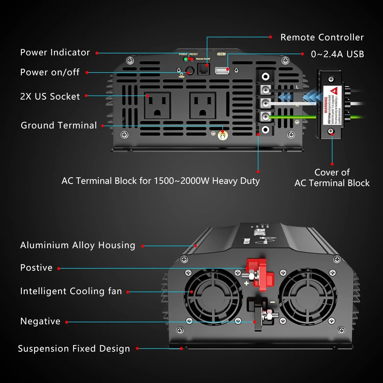 2000 Watt Pure Sine Wave Power Inverter 12V DC to 110V 120V AC with UL Approved Fuses and 20A AC Hardwire Terminal Compatible with Lithium Battery for Home RV Truck Off-Grid Solar by VOLTWORKS