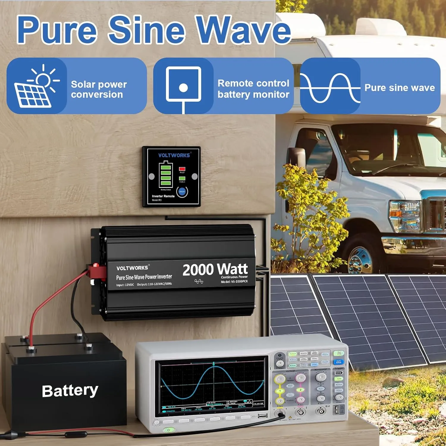 2000 Watt Pure Sine Wave Power Inverter 12V DC to 110V 120V AC with UL Approved Fuses and 20A AC Hardwire Terminal Compatible with Lithium Battery for Home RV Truck Off-Grid Solar by VOLTWORKS