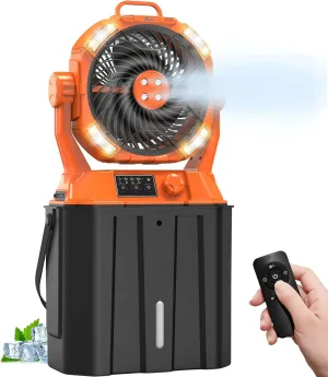 20000mAh Misting Fan with 6L Bucket & 4 Spray Misters, Waterproof Outdoor Cooling Fan for Camping/Patios - Remote Control, 4 LED Light, Stepless Speed & 56H Runtime, Rechargeable Battery, Hanging Hook
