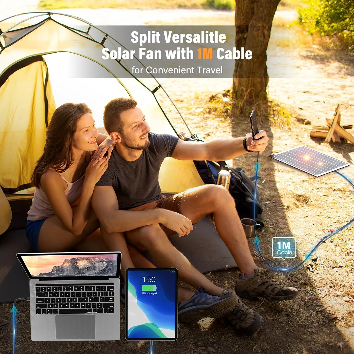 20000mAh Solar Fan with LED Lantern, Camping Fan with Solar Panel, 7W Rechargeable Powered for Outside, Quiet Battery Operated Tent Fan for Picnic, Barbecue, Fishing, Travel