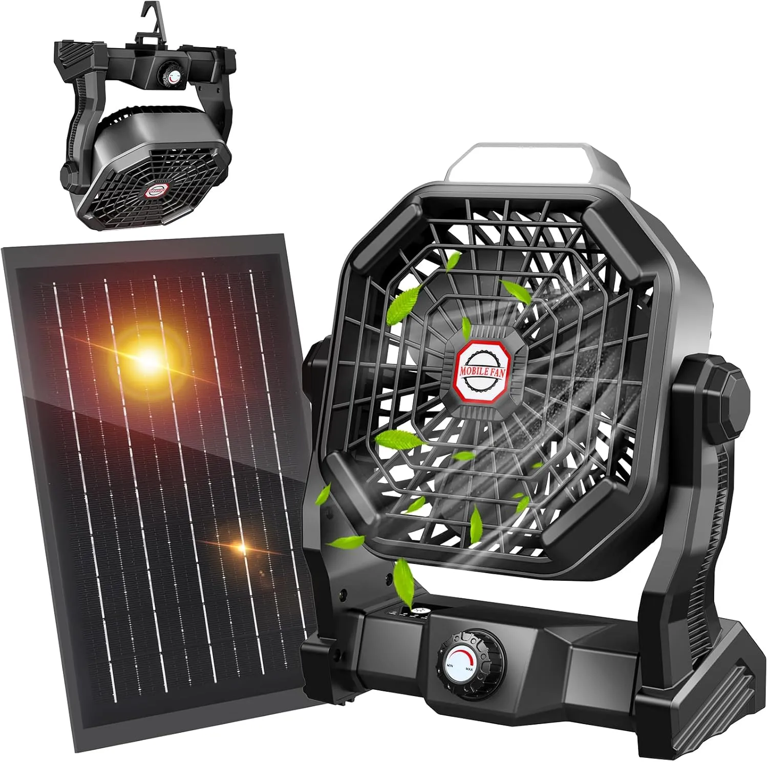 20000mAh Solar Fan with LED Lantern, Camping Fan with Solar Panel, 7W Rechargeable Powered for Outside, Quiet Battery Operated Tent Fan for Picnic, Barbecue, Fishing, Travel