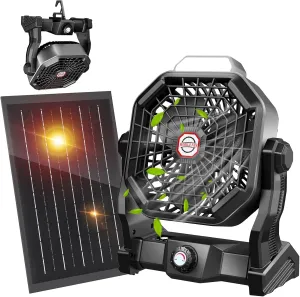 20000mAh Solar Fan with LED Lantern, Camping Fan with Solar Panel, 7W Rechargeable Powered for Outside, Quiet Battery Operated Tent Fan for Picnic, Barbecue, Fishing, Travel