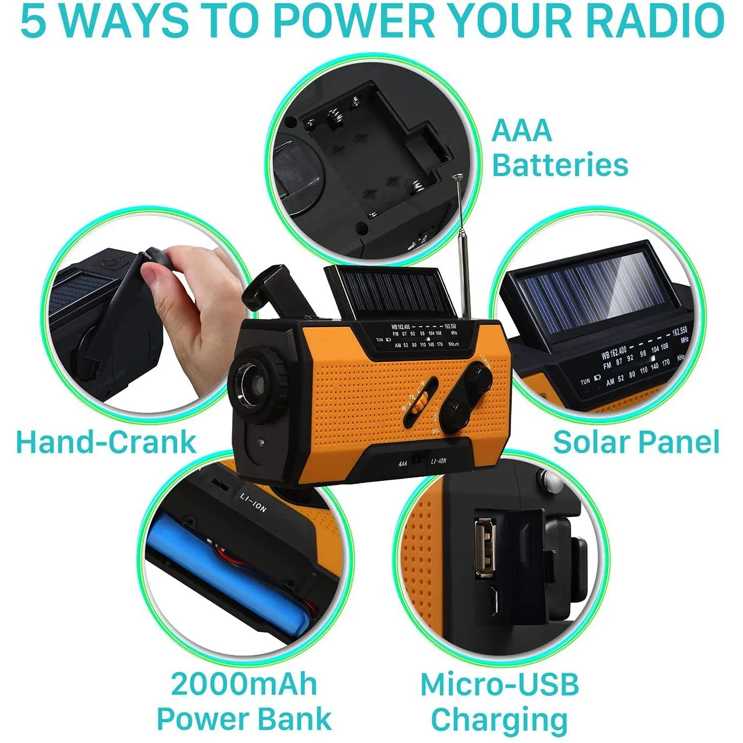 2000mAh NOAA Emergency Weather Radio Portable Power Bank with Solar Charging