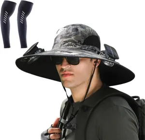 2024 New Outdoor Wide Brim Sun Hat with Solar Fan with 2 Fans -Solar & USB Charging Solar Fan Hat Upf50  Fishing Hats