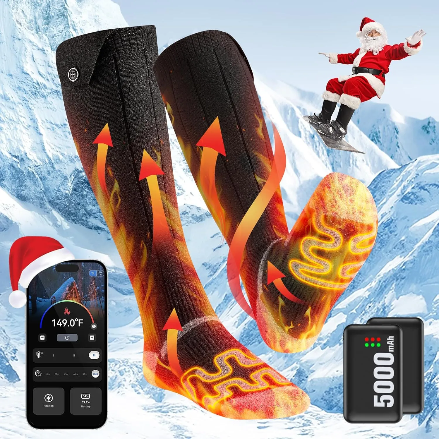 2025 Heated Socks with App Control, 5000mAh*2 Heated Socks for Men Women, Electric Socks Rechargeable with 3 Warming Levels, 360° Heating Socks Feet Warmer Washable for Cold Winter Hunting Skiing