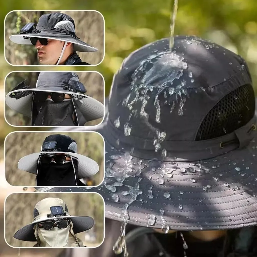 2025 New Ultralight Solar Fan Sun Hat, Wide Brim Solar Fan Hat Outdoor Fishing, Men Rechargeable UPF50 , Waterproof