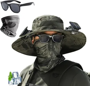 2025 New Ultralight Solar Fan Sun Hat with Two Fans Solar Power,Wide Brim Solar Fan Outdoor Fishing Hat-Solar & USB Charging