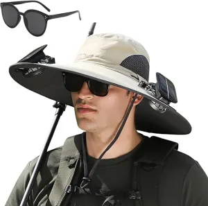2025 New Wide Brim Solar Fan Hat, Hat with Fans Solar Power for Men Women Fishing Hat Solar & USB Charging