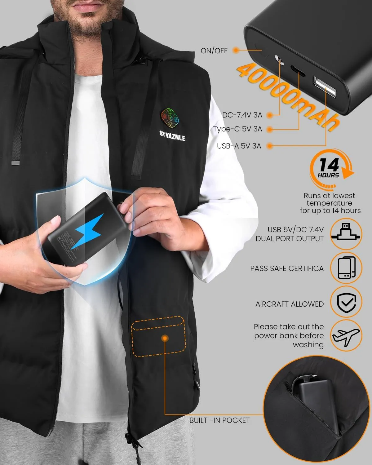 21 Heated Zones Heated Vest, with 40000mAH 7.4V Battery Pack Heated Vest for Men & Women, 5 in 1 Smart Controller