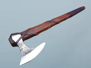 23 Inches Long Tomahawk Axe, Carbon Steel Bearded Hiking Axe, Rose Wood Handle Wrapped with Leather Stripe Battle Axe, Cow Hide Leather Sheath