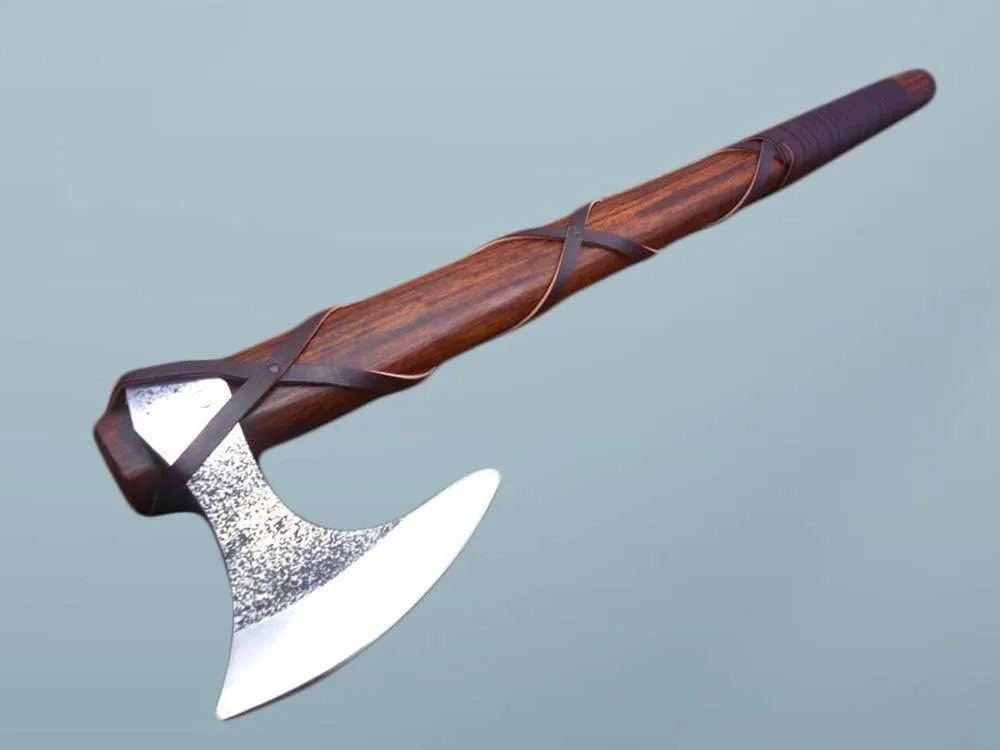 23 Inches Long Tomahawk Axe, Carbon Steel Bearded Hiking Axe, Rose Wood Handle Wrapped with Leather Stripe Battle Axe, Cow Hide Leather Sheath