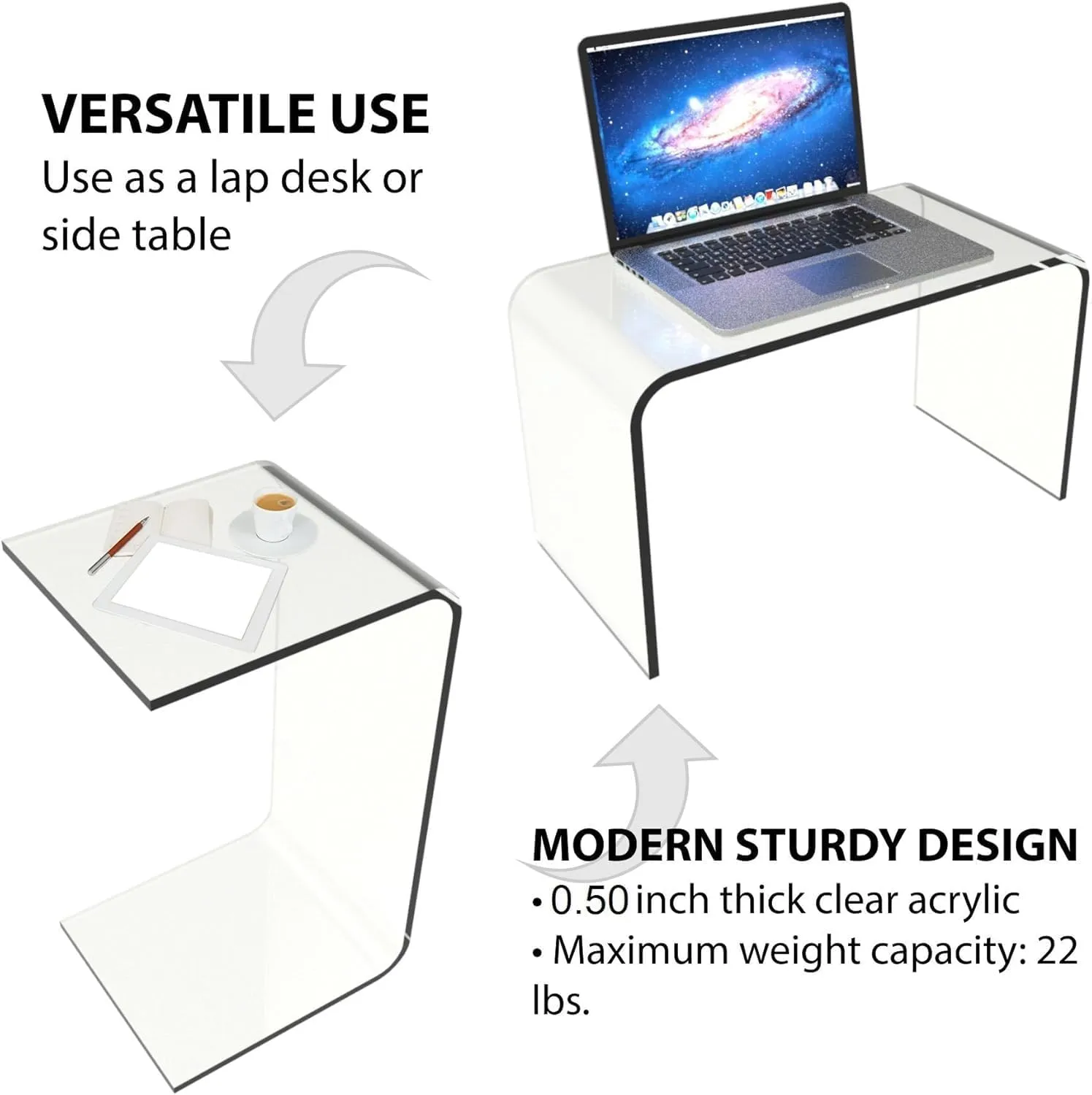 24 Acrylic C-Shaped Multipurpose Table - Transparent Modern Furniture for Living Room & Office Space-Saving Lap Desk/End Table Sturdy 22lb Capacity (Gray,60 * 33 * 30cm)