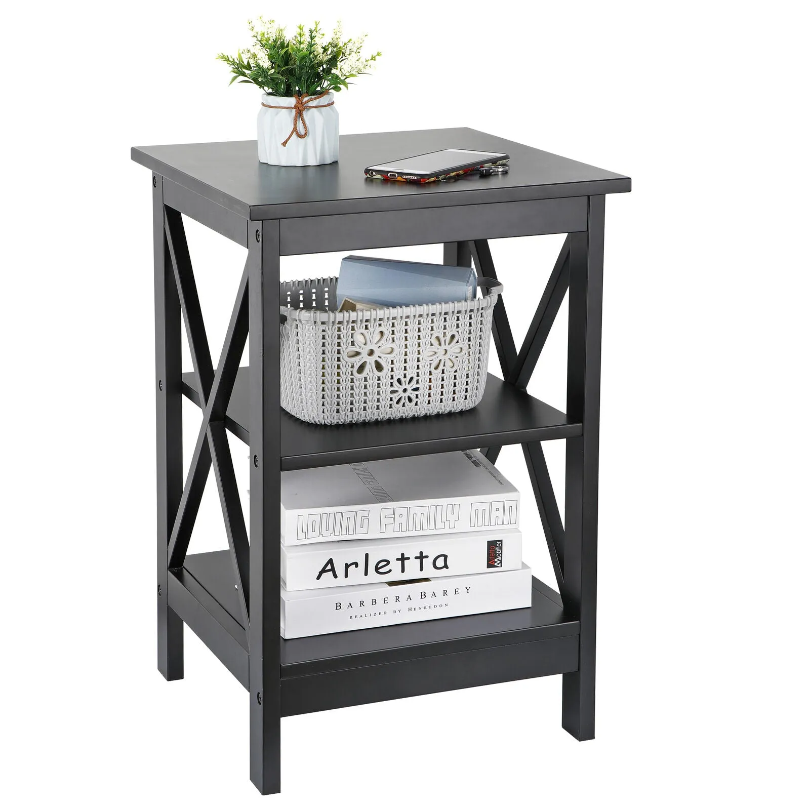 24 Inch End Side Table with Storage Shelf for Living Room - X Design