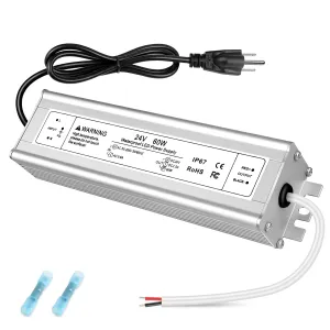24V 60W LED Power Supply, IP67 Waterproof LED Driver, AC 80-265V to DC 24V 2.5A Converter, Outdoor Low Voltage Transformer Adapter for LED Lighting, 3-Prong Plug with 3.3 Feet Cable