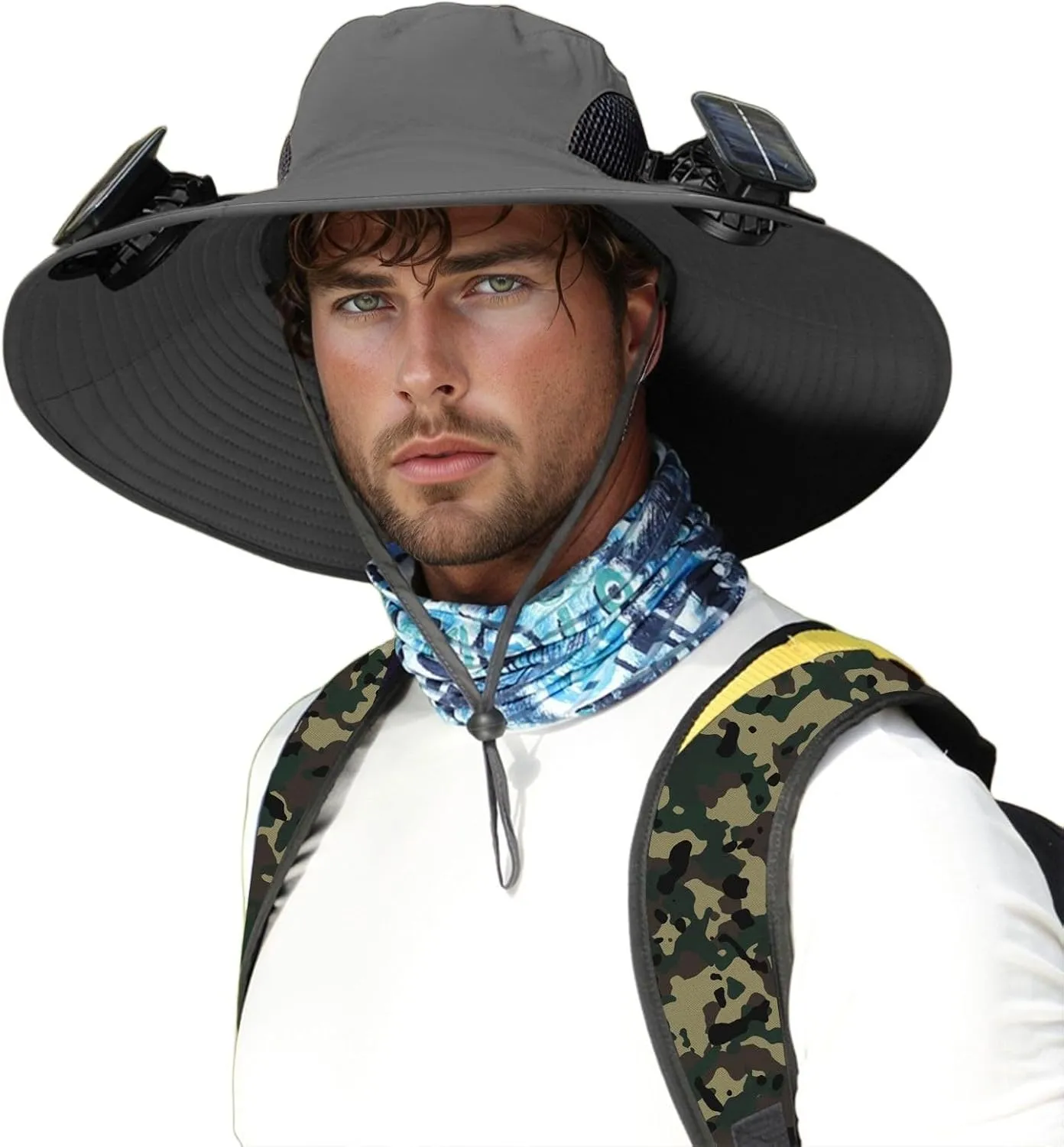2PC Men's Wide Brim Fishing Hat with Built in Fan, Detachable USB & Solar Powered Fans Hats, Summer Outdoor Sun Hat