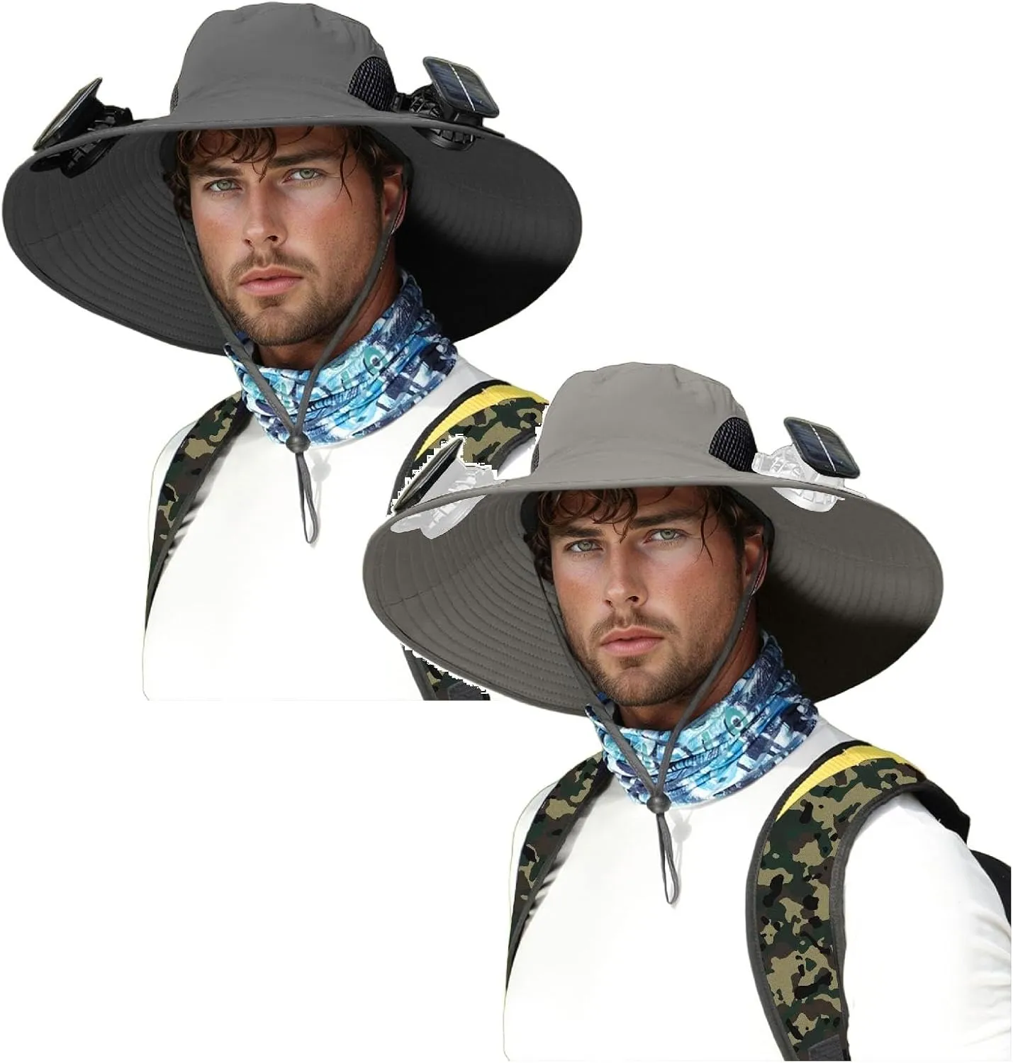 2PC Men's Wide Brim Fishing Hat with Built in Fan, Detachable USB & Solar Powered Fans Hats, Summer Outdoor Sun Hat