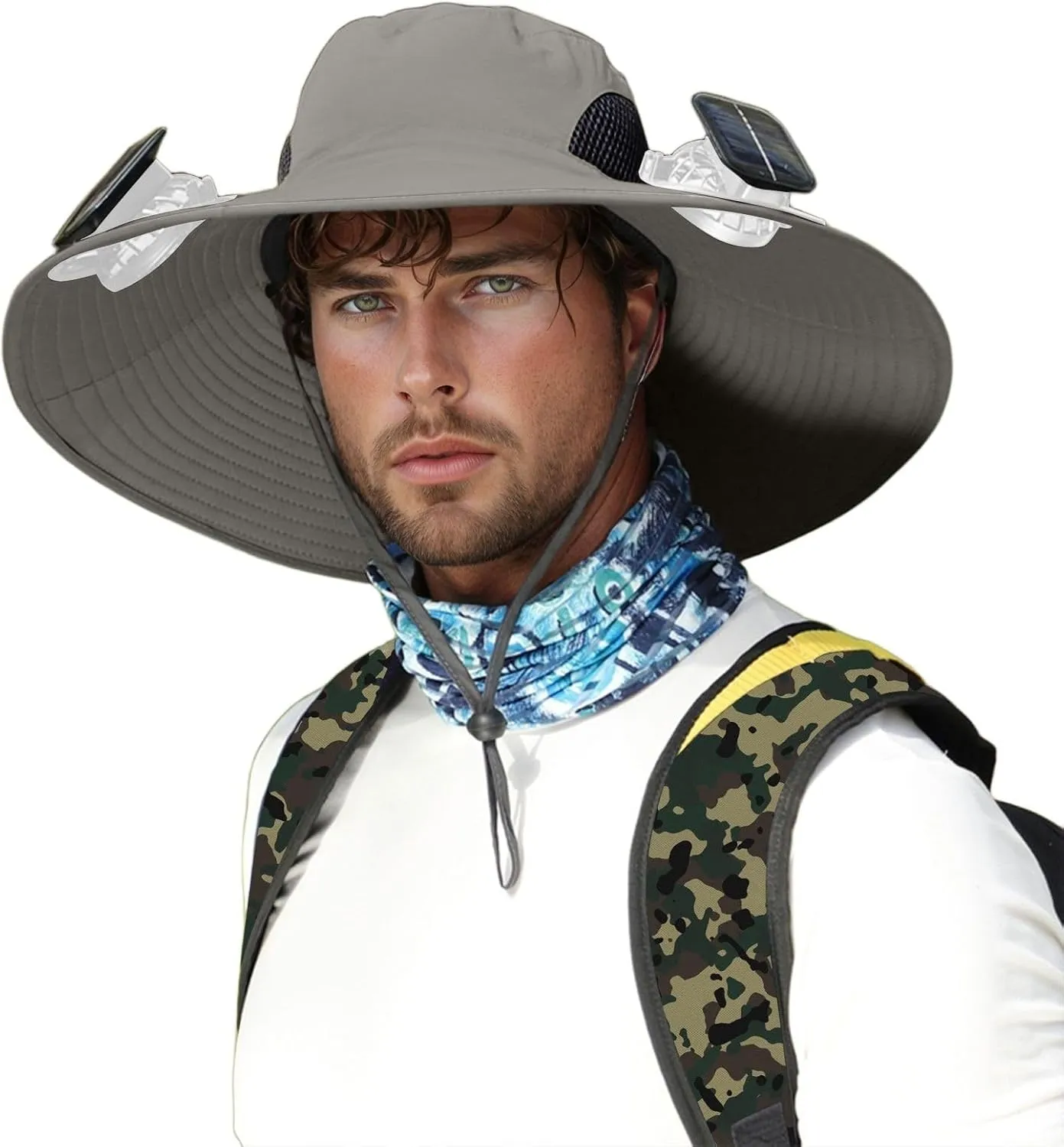2PC Men's Wide Brim Fishing Hat with Built in Fan, Detachable USB & Solar Powered Fans Hats, Summer Outdoor Sun Hat