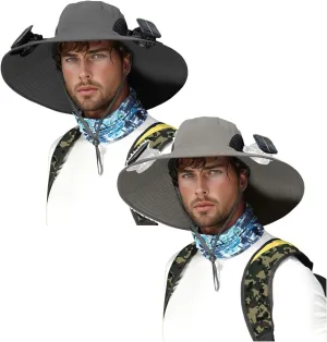 2PC Men's Wide Brim Fishing Hat with Built in Fan, Detachable USB & Solar Powered Fans Hats, Summer Outdoor Sun Hat