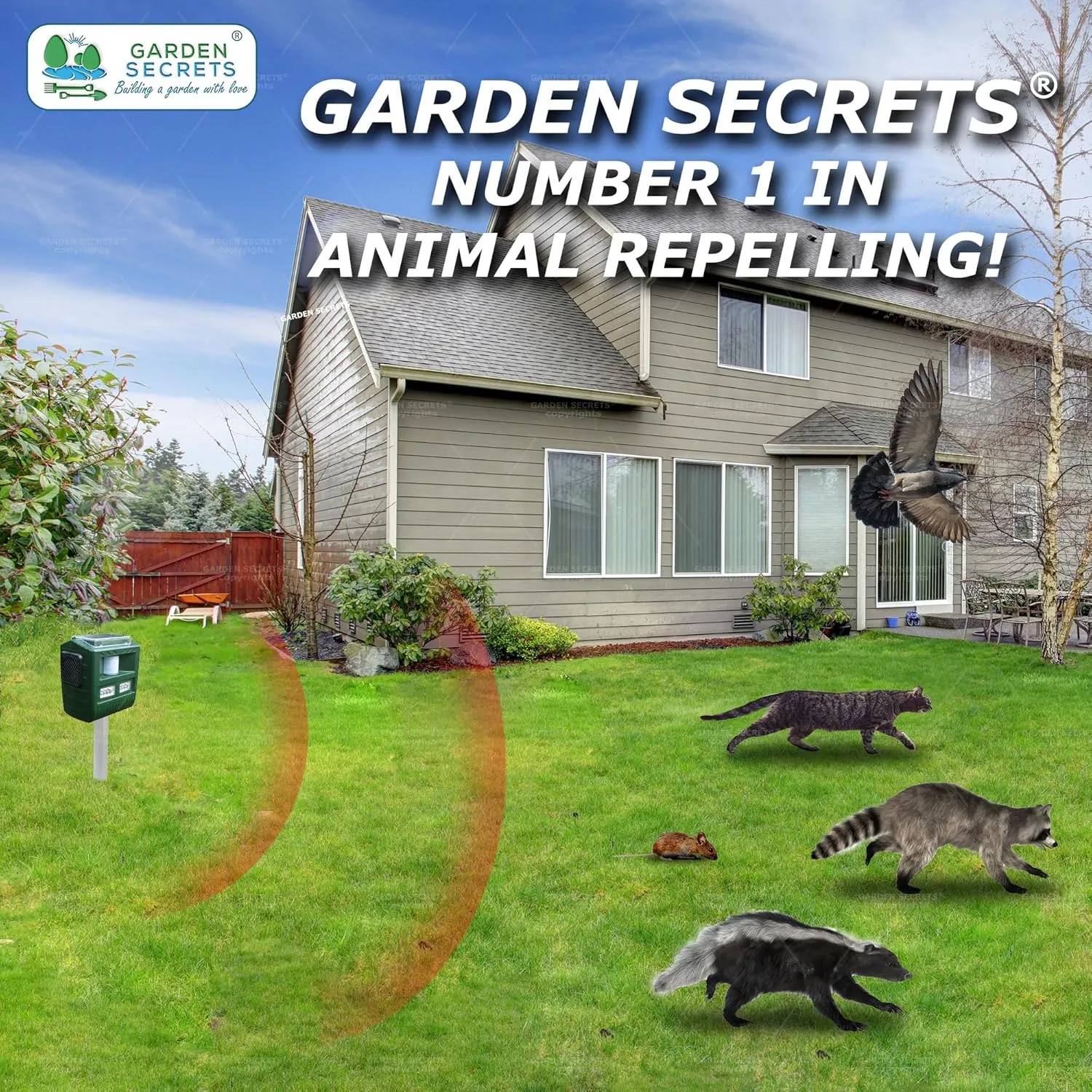 3-in-1 Professional ULTRASONIC ANIMAL REPELLENT, Deer Raccoon Rabbit Skunk Possum Bear etc. deterrent, Keep the pests away from your property within 2-4 weeks, whole year full warranty!