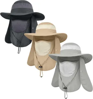 3 Pack Outdoor Sun Hat for Men/Women,UPF 50 Protection Fishing Hat with Face Neck Flap Full Cover for Hiking & Garden