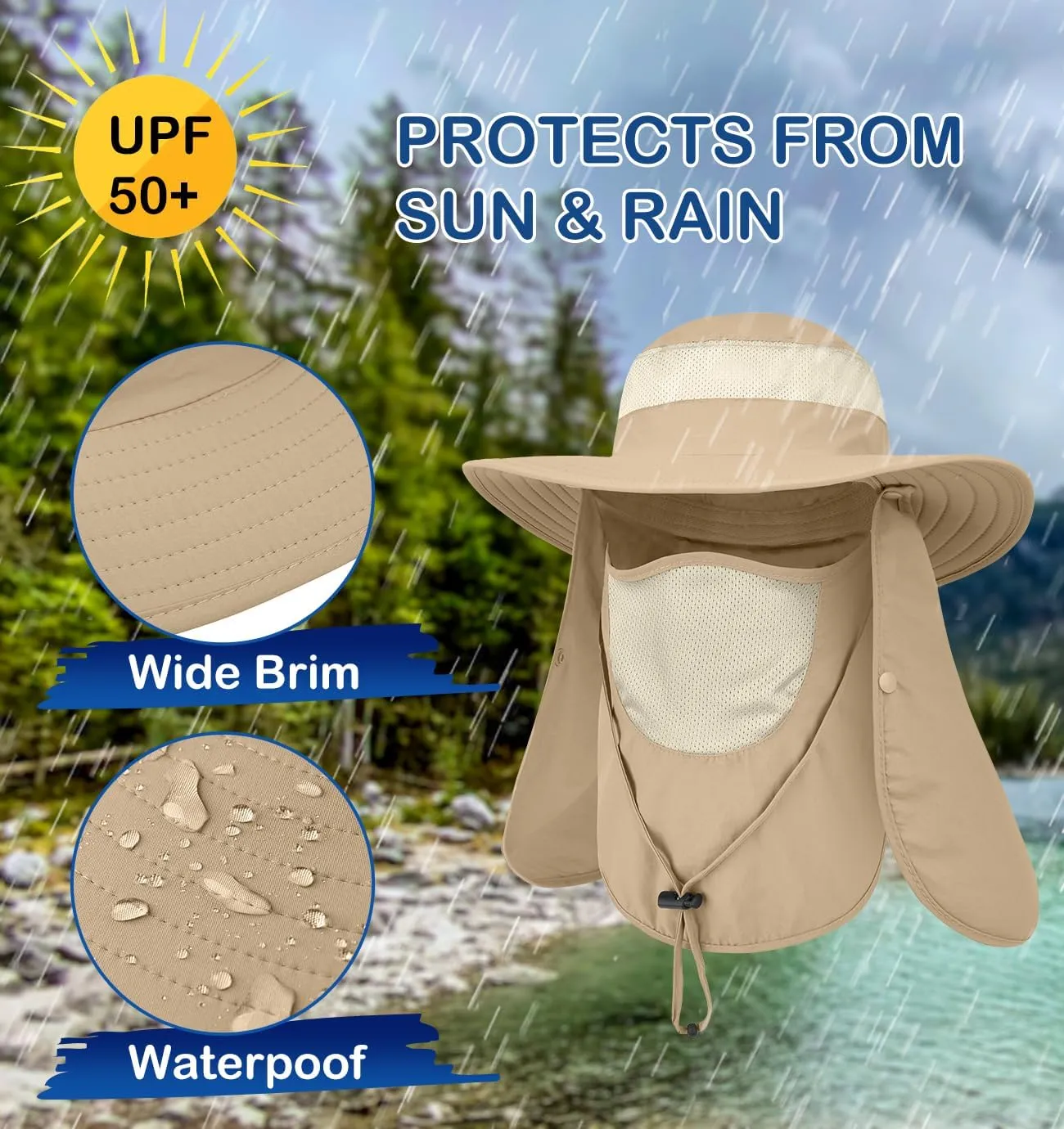 3 Pack Outdoor Sun Hat for Men/Women,UPF 50 Protection Fishing Hat with Face Neck Flap Full Cover for Hiking & Garden