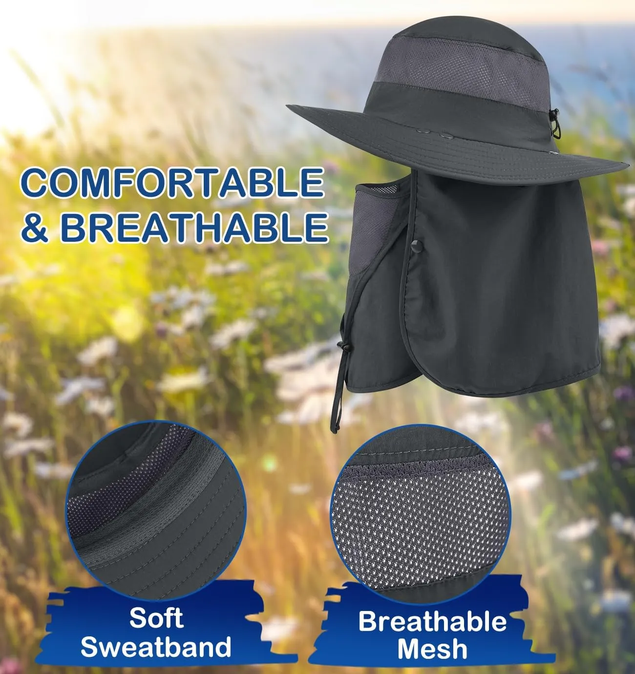 3 Pack Outdoor Sun Hat for Men/Women,UPF 50 Protection Fishing Hat with Face Neck Flap Full Cover for Hiking & Garden