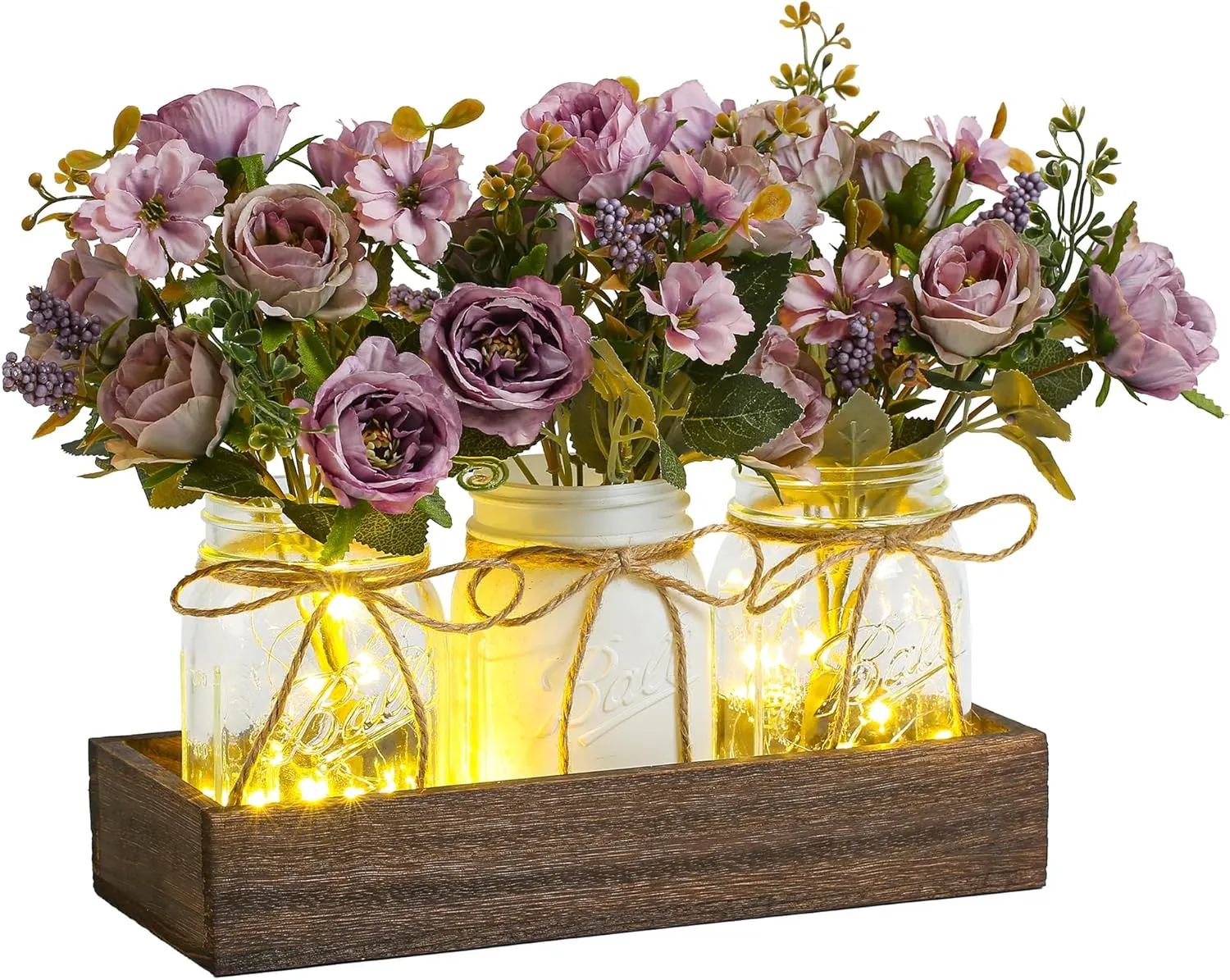 3 Pcs Mason Jar Centerpiece Table Decorations for Dining Table Decor Farmhouse Coffee Table Decor with Wood Tray and Led Light Table Centerpieces for Dining Room Kitchen Living Bathroom,Purple