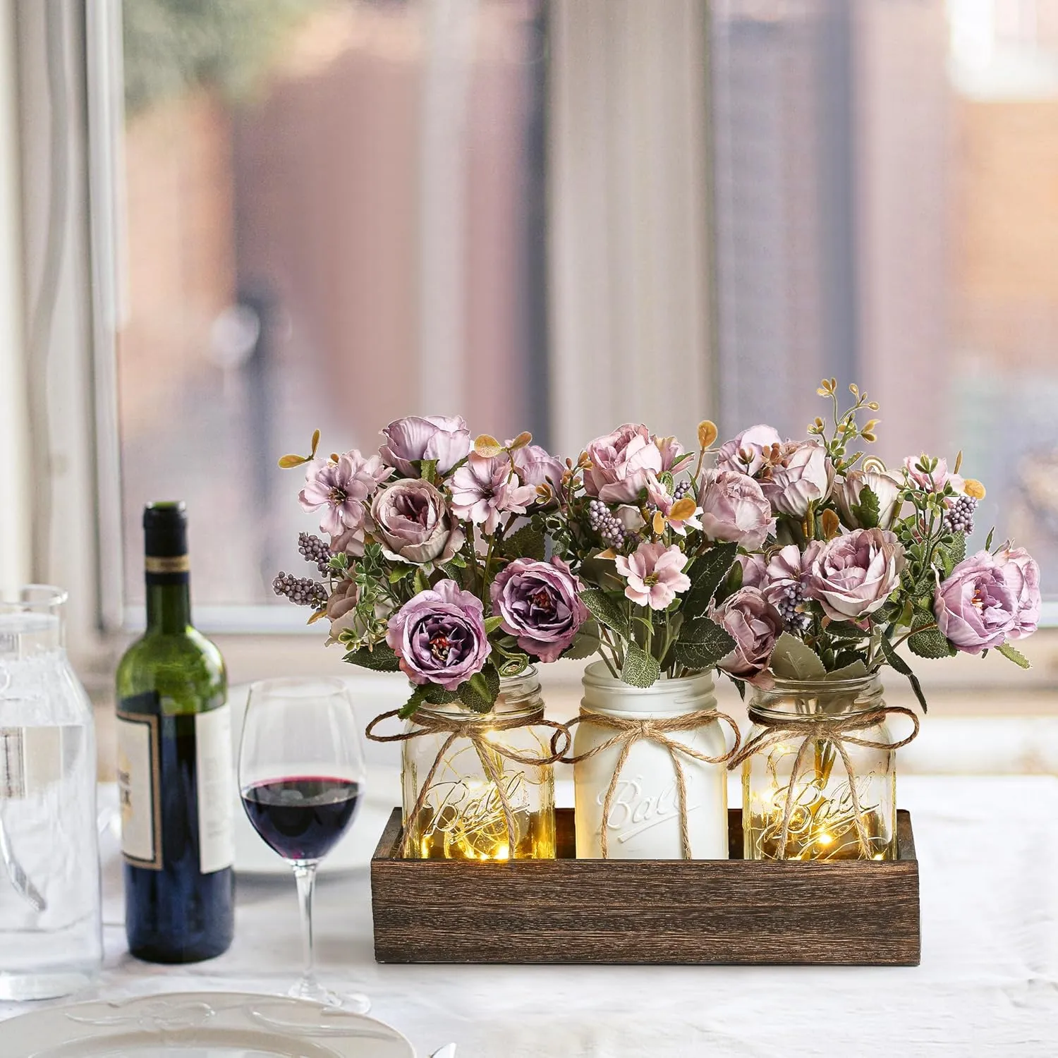 3 Pcs Mason Jar Centerpiece Table Decorations for Dining Table Decor Farmhouse Coffee Table Decor with Wood Tray and Led Light Table Centerpieces for Dining Room Kitchen Living Bathroom,Purple