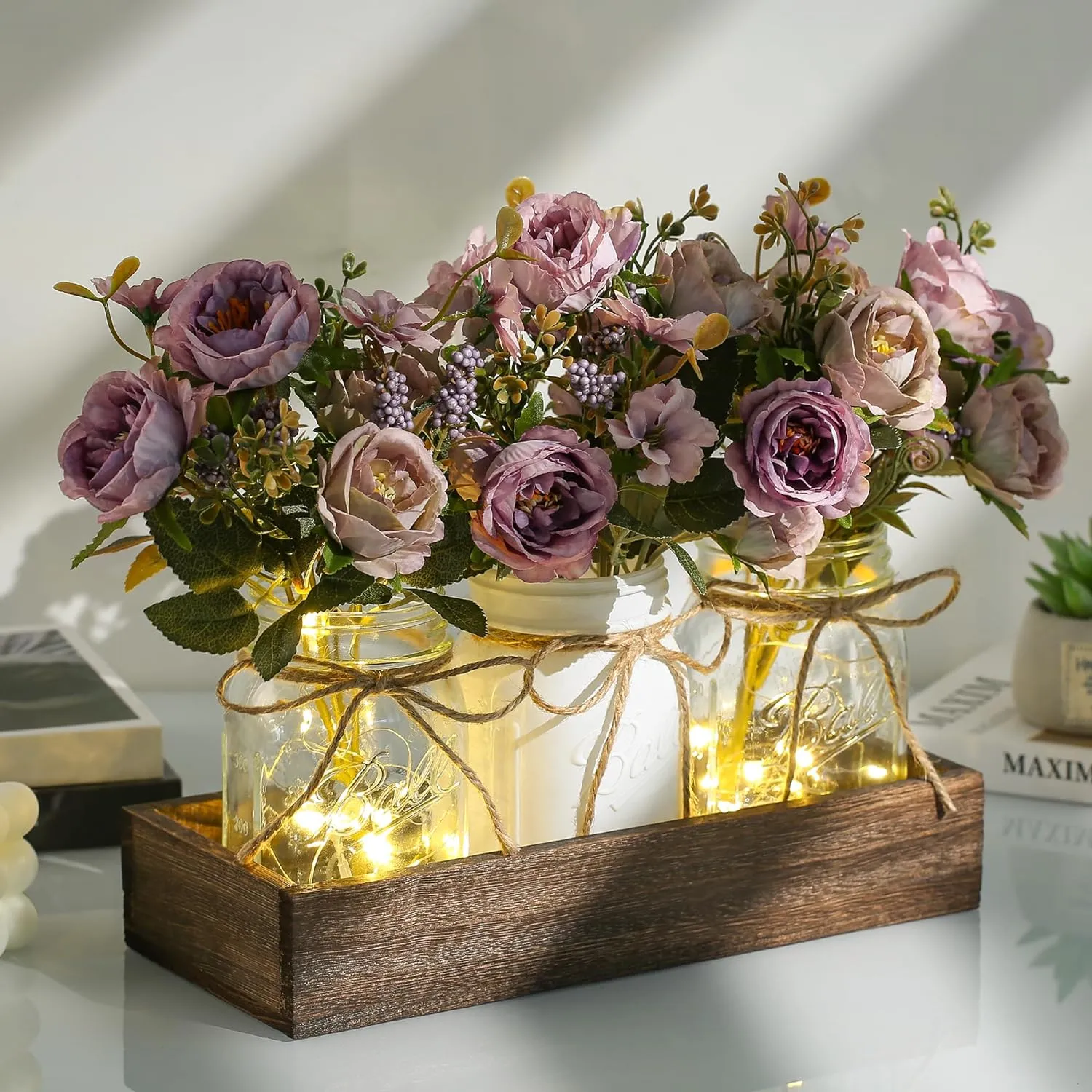 3 Pcs Mason Jar Centerpiece Table Decorations for Dining Table Decor Farmhouse Coffee Table Decor with Wood Tray and Led Light Table Centerpieces for Dining Room Kitchen Living Bathroom,Purple