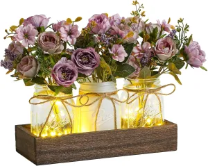 3 Pcs Mason Jar Centerpiece Table Decorations for Dining Table Decor Farmhouse Coffee Table Decor with Wood Tray and Led Light Table Centerpieces for Dining Room Kitchen Living Bathroom,Purple