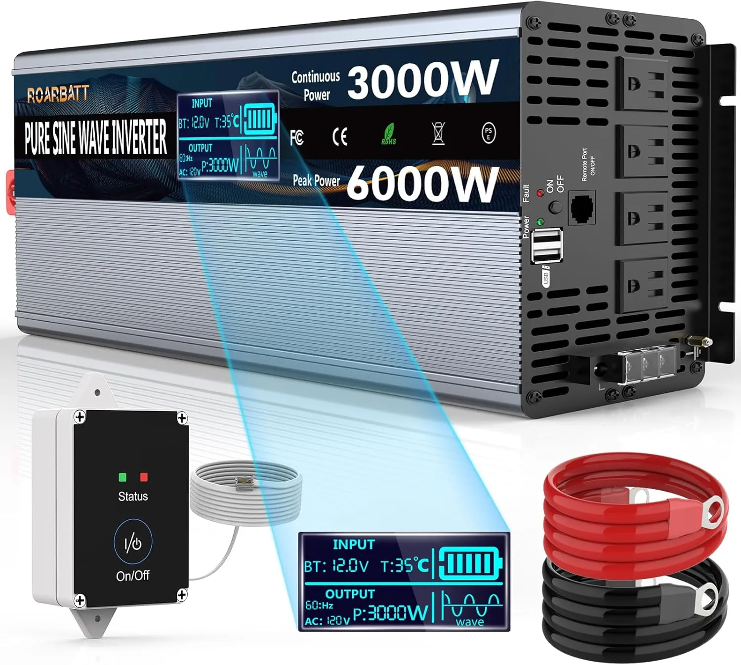 3000W Pure Sine Wave Power 12V Inverter DC to AC 110V 120V Peak Power 6000W with Remote Control 4 AC Outlets,Dual USB Port,LED Display AC Terminal Blocks for Power Inverter Truck RV Car Solar System