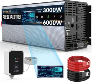 3000W Pure Sine Wave Power 12V Inverter DC to AC 110V 120V Peak Power 6000W with Remote Control 4 AC Outlets,Dual USB Port,LED Display AC Terminal Blocks for Power Inverter Truck RV Car Solar System