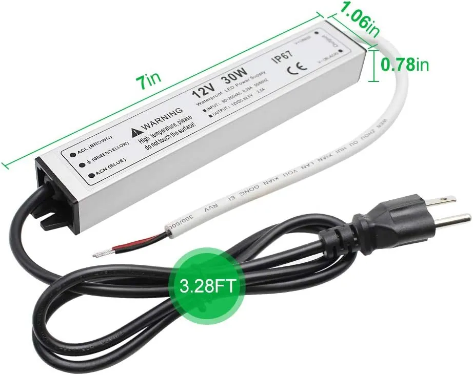 30W 12 Volt LED Power Supply, Waterproof IP67 LED Driver, 110V AC to 12V DC Converter, LED Transformer Low Voltage Output with 3-Prong Plug 3.3 Feet Cable for LED Light Strip, 2.5Amp