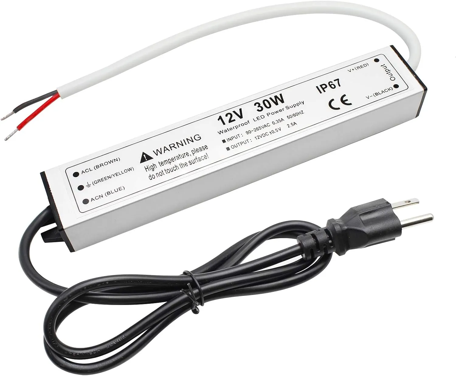 30W 12 Volt LED Power Supply, Waterproof IP67 LED Driver, 110V AC to 12V DC Converter, LED Transformer Low Voltage Output with 3-Prong Plug 3.3 Feet Cable for LED Light Strip, 2.5Amp